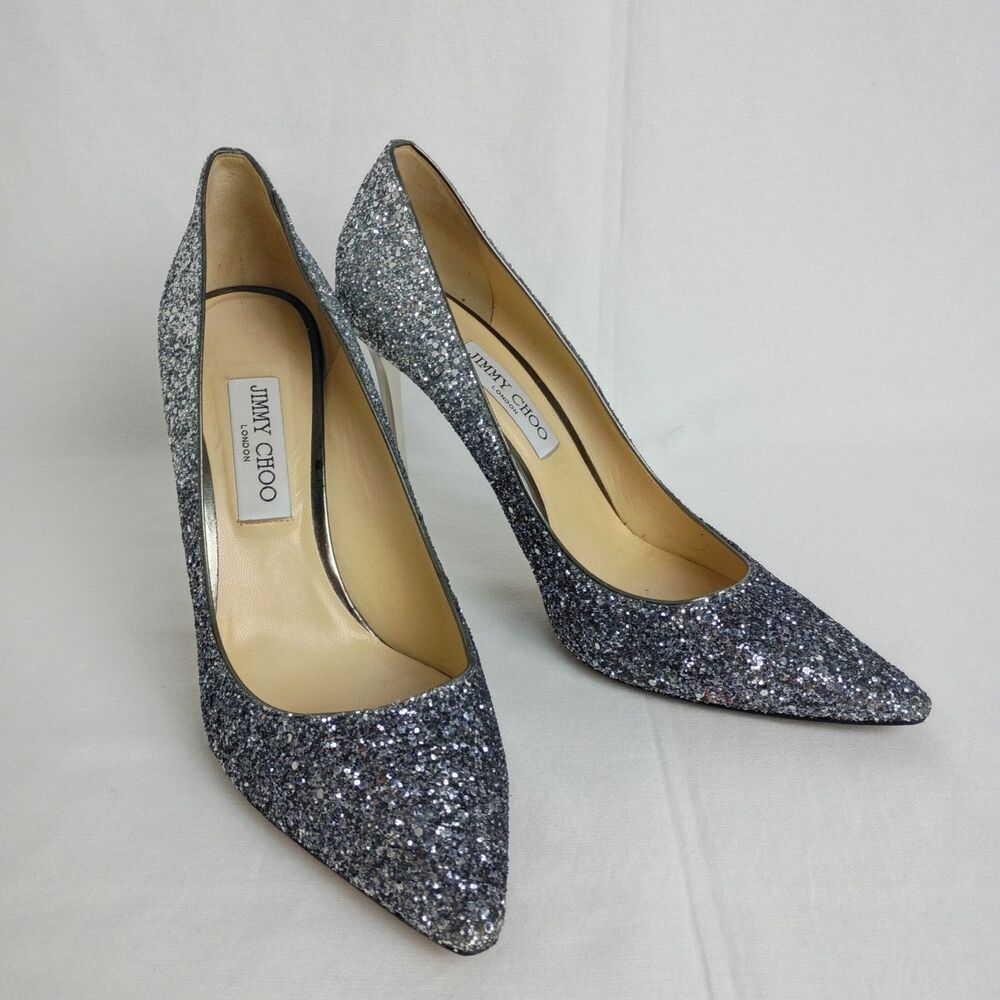 Women’s Jimmy Choo Romy Silver Glitter Heels Point Toe Size 42